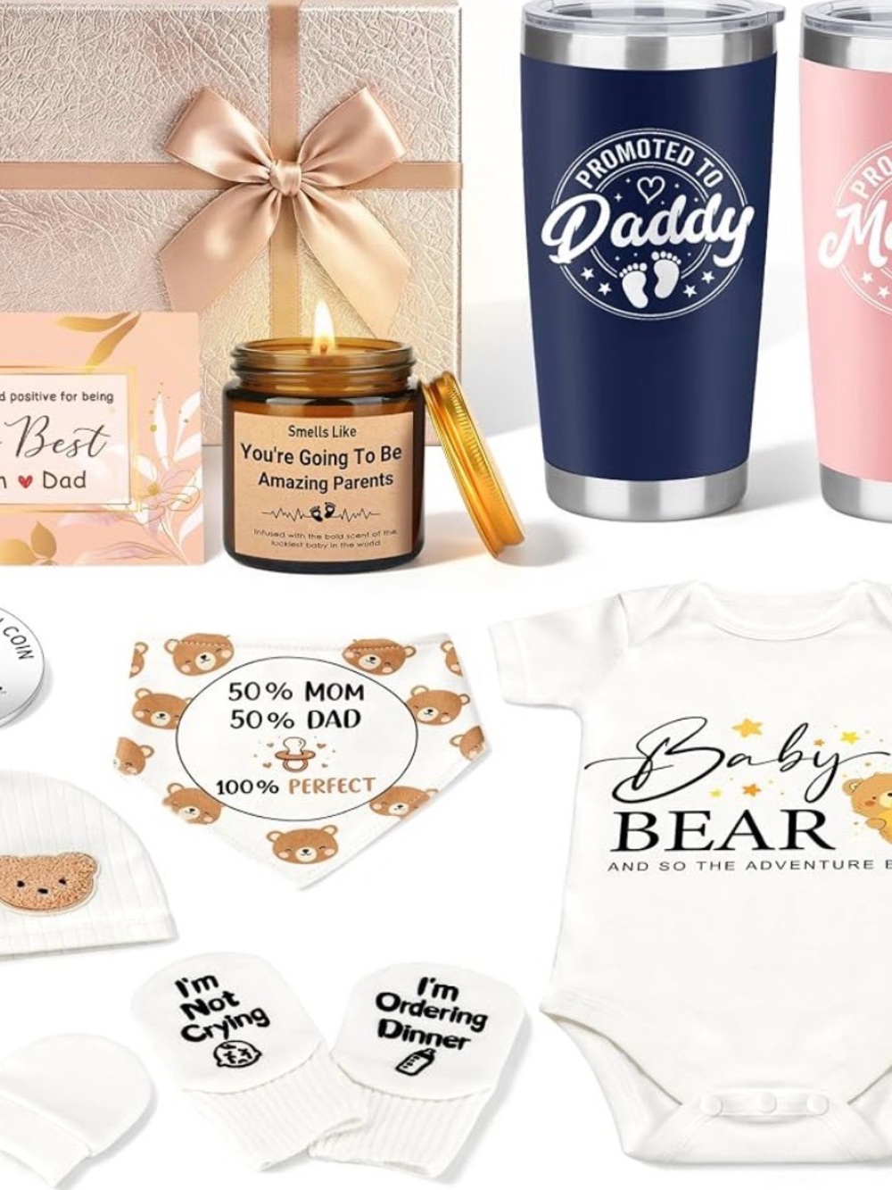 New Parents Gift Basket Set - Baby Shower Box Tumblers Onesie Coin Candle